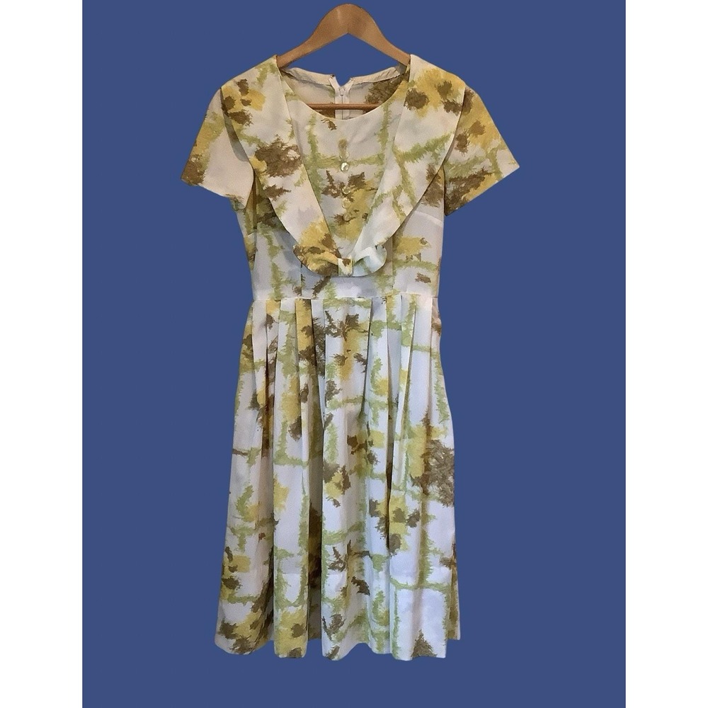 Vintage Day Dress Yellow Floral Tea Dress Fit & Flare Handmade Party Dress S